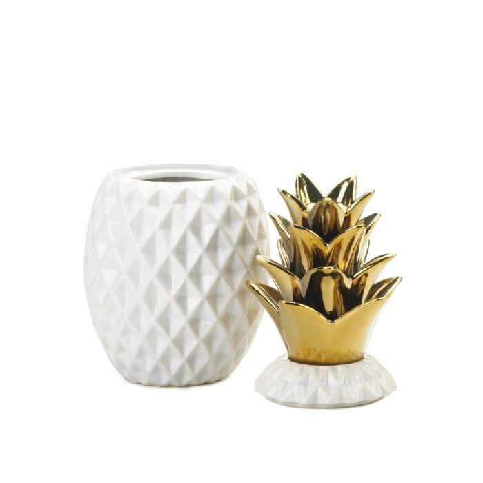 White Ceramic Pineapple Jar with Gold Lid