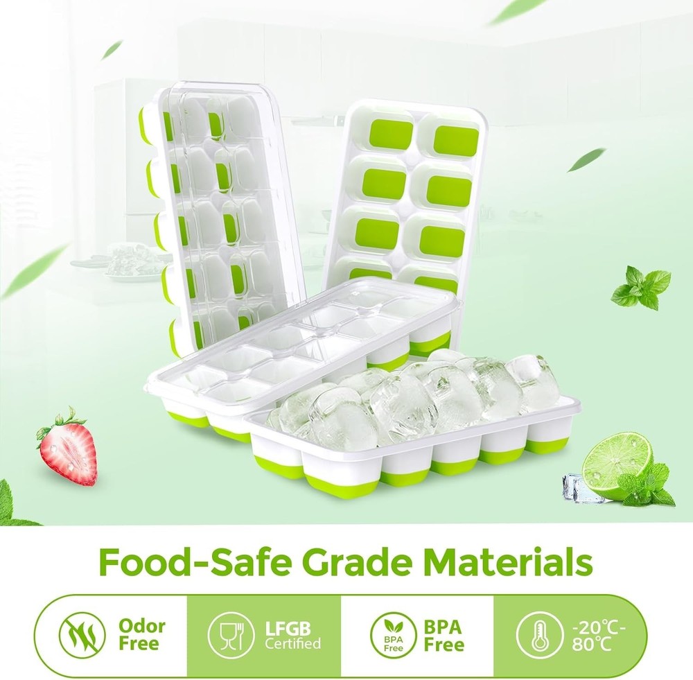 Ice Cube Tray with Lids - 4 Pack Stackable Silicone Ice Trays for Freezer, BP...