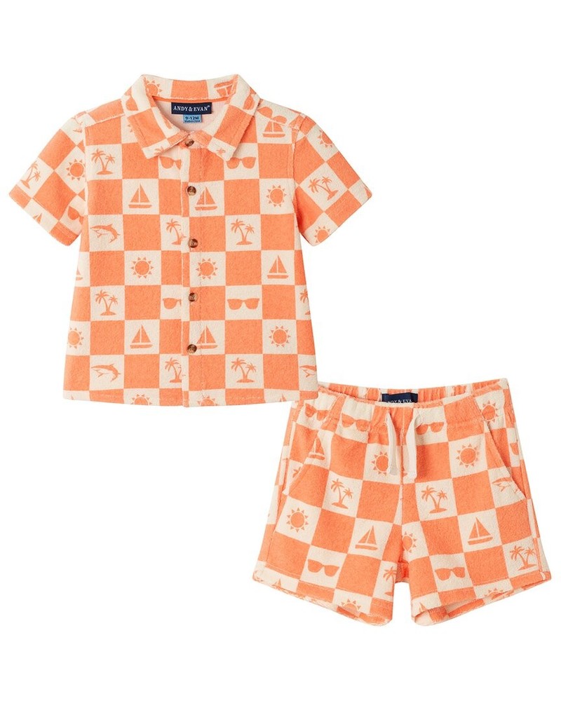 Andy & Evan 2Pc Printed Check Textured Short Set Orange 3/6M