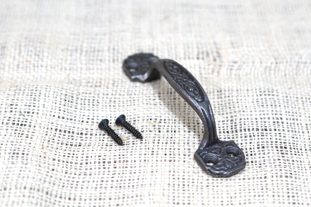 5 Small Drawer Pulls 4 1/4" Window Antique Vintage Style Ornate Rustic Cast Iron