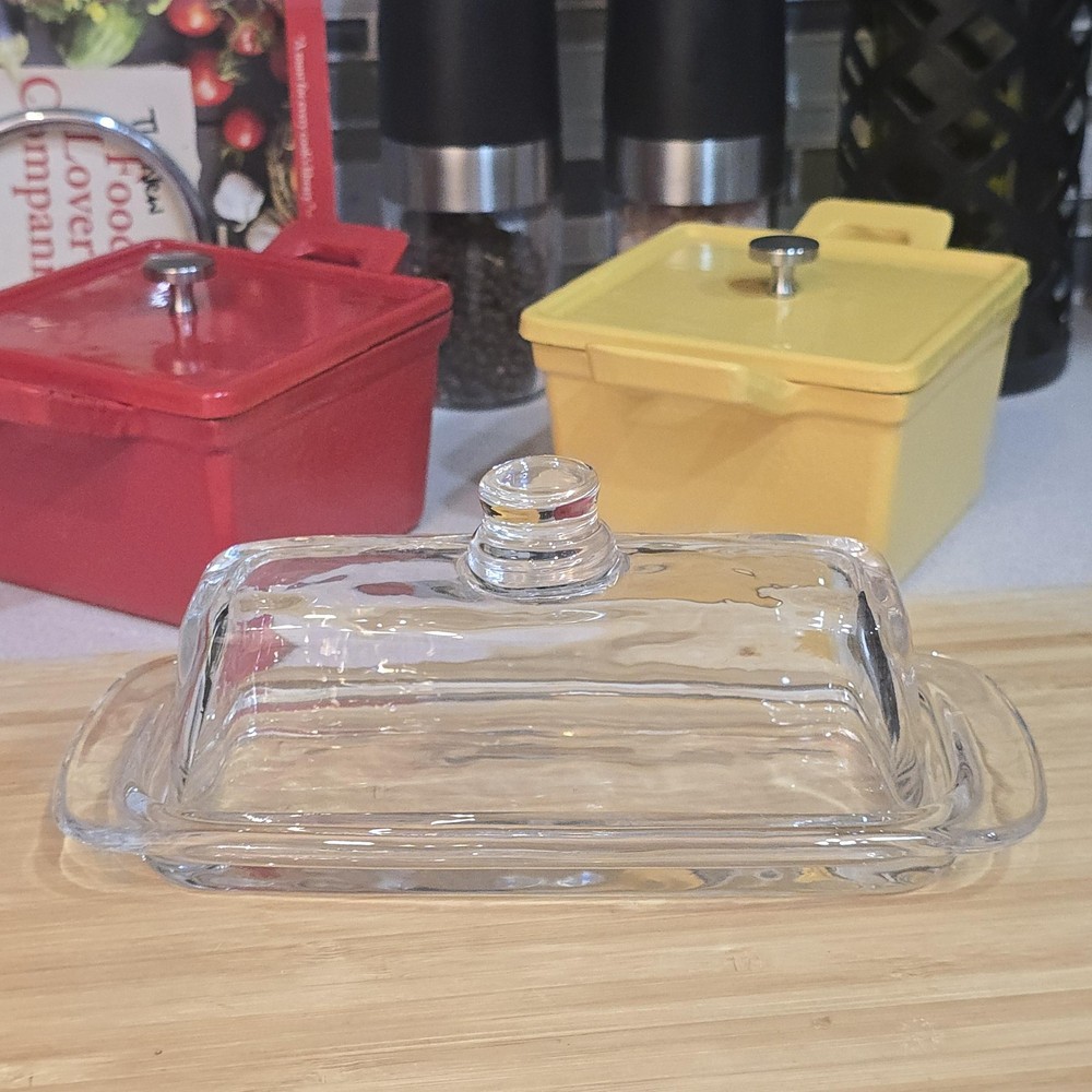 Clear Glass Round Knob Handle Butter Dish Covered Rectangular Butter Keeper
