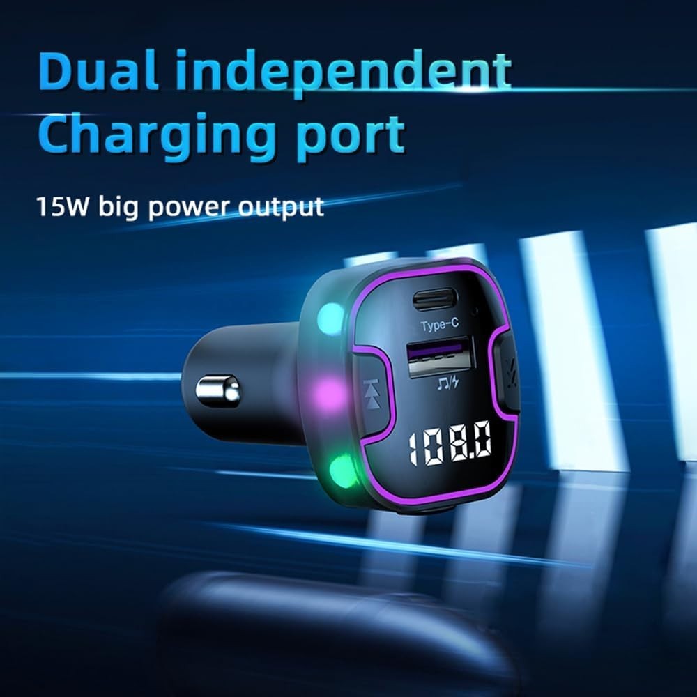 Bluetooth 5.3 Fast Charging Car Adapter with FM Transmitter & Colorful Lights