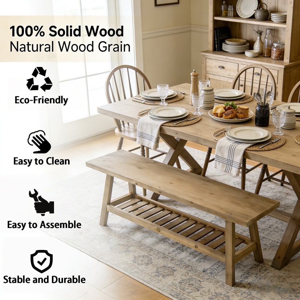43" Rustic Farmhouse Bench with 2-Tier Open Storage Shelf
