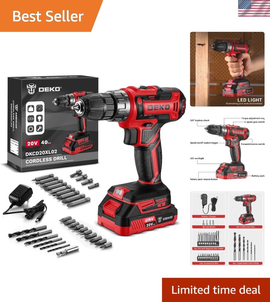 DEKO PRO Red Cordless Drill - Lightweight 20V Kit with Comprehensive Bits Set