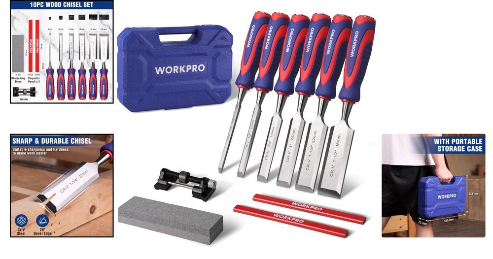 Complete Woodworking Chisel Kit - 10-Piece Bevel Edge Set with Sharpening Tools