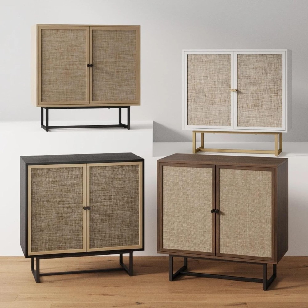 Mid-Century Modern Sideboard in Light Oak & Cane Doors, 2 Adjustable Shelves