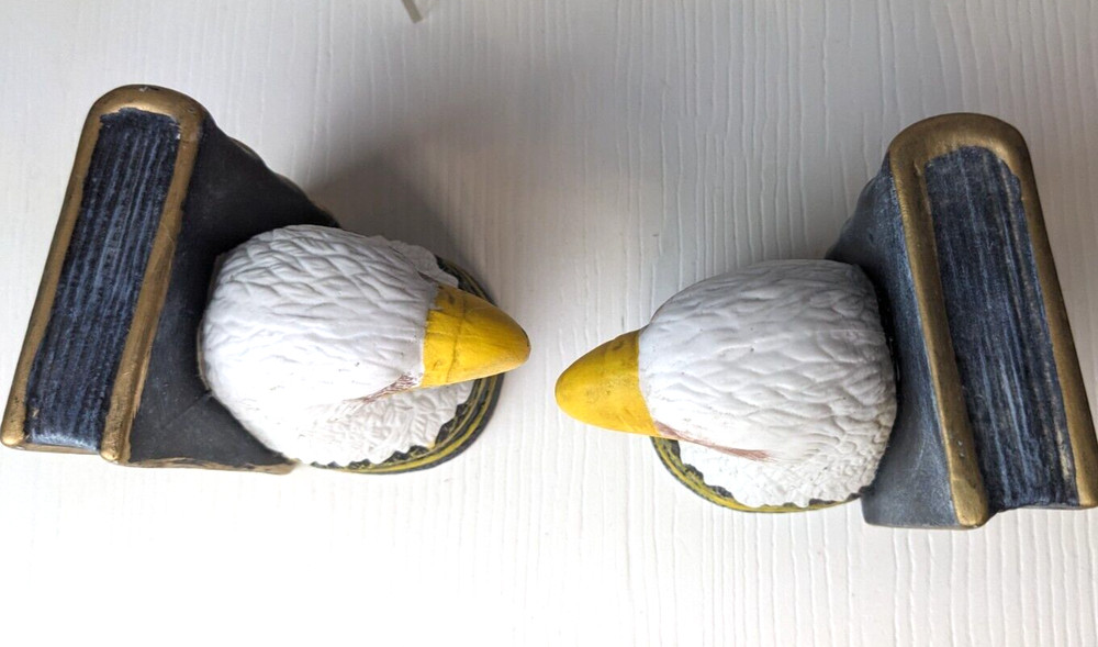 Vintage Bookends Featuring Bald Eagles. Painted Molded Ceramic. 4”H. flawed