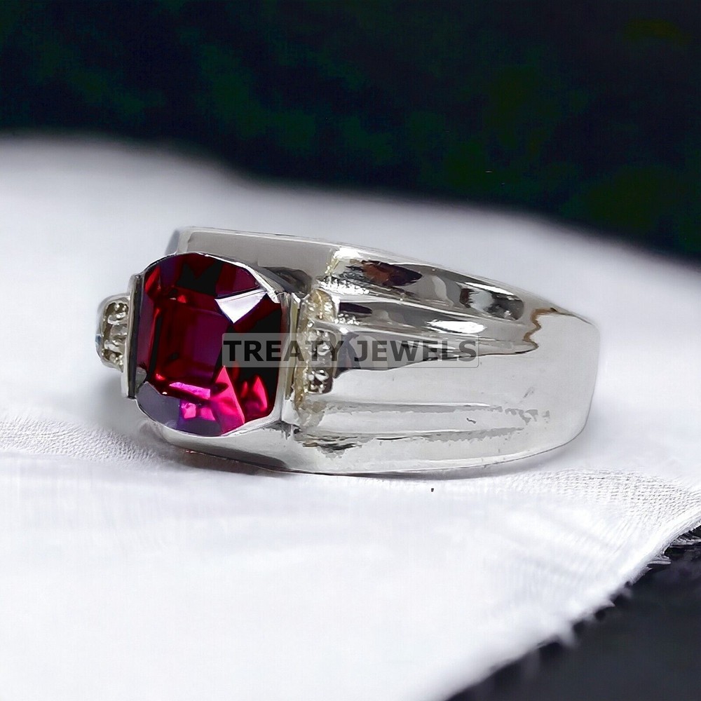 Ruby Cushion Cut Gemstone With 14K Solid White Gold Ring For Men's #976