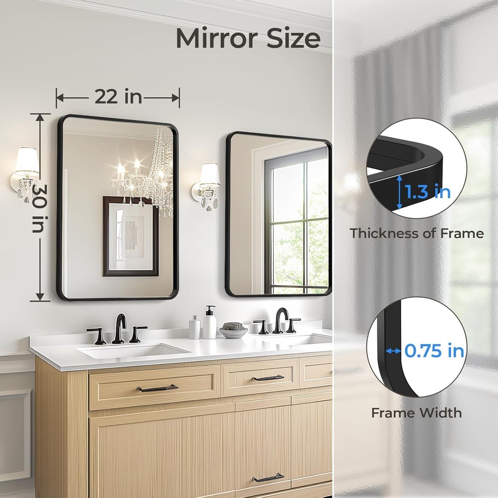 USHOWER 2-Pack Black Bathroom Mirrors 22x30" Metal Frame Rectangle Vanity Mirror
