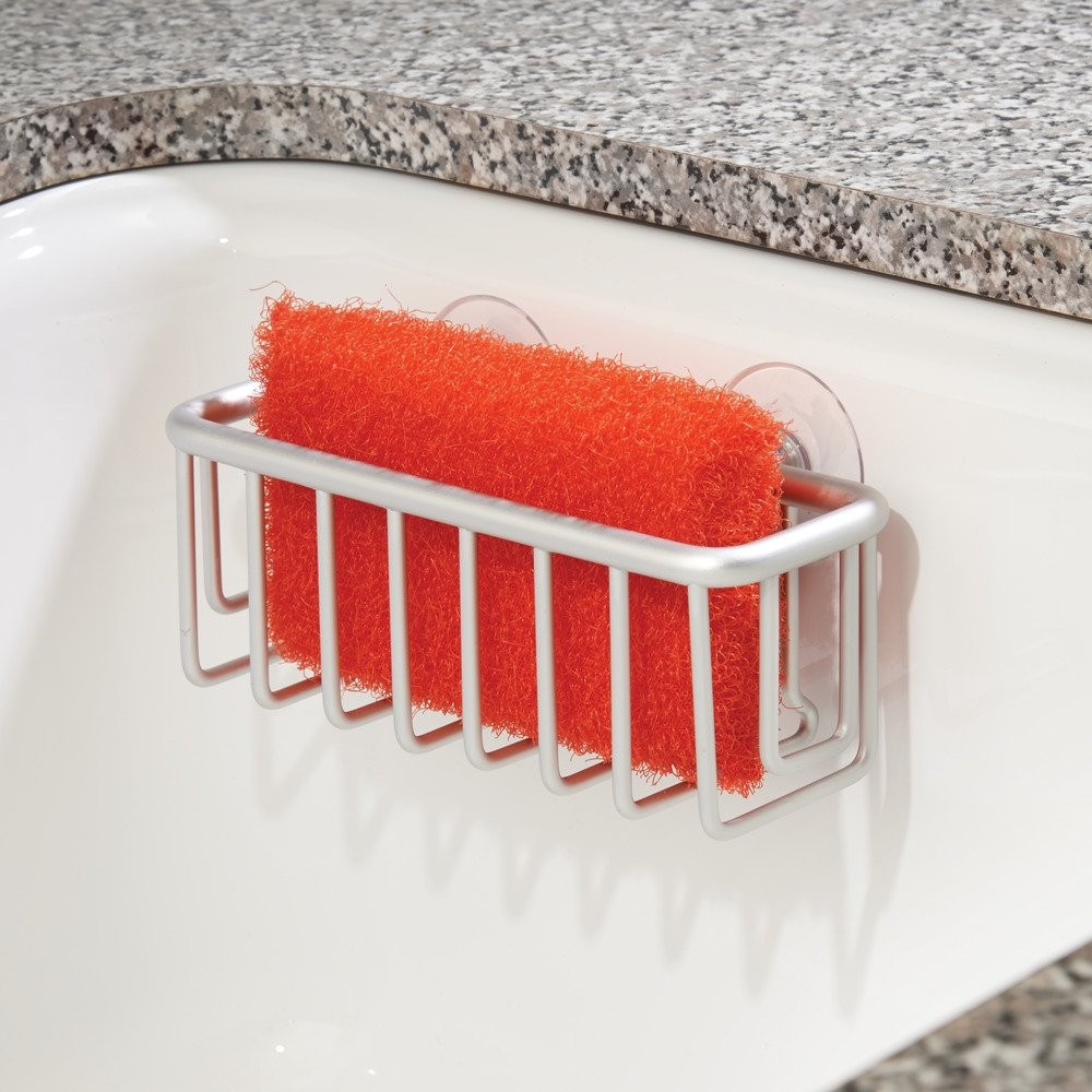 iDesign Metro Rustproof Aluminum Suction Sponge Holder for Kitchen Silver