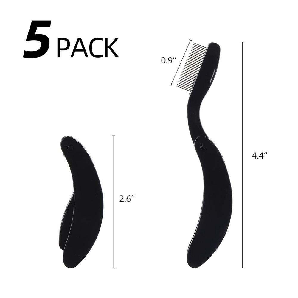5 Pack Folding Eyelash Comb Lash Separator Tool, Black Eyebrow Comb Metal Teeth