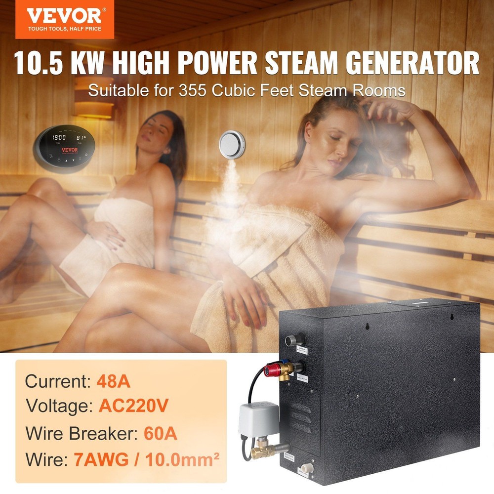 Powerful 10.5kW Steam Unit, Adaptive Temp, 24h Programming, Auto Drain