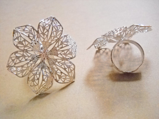 Silver Flower Ring Blank Adjustable Cocktail Setting Brass Glue On Pad Floral