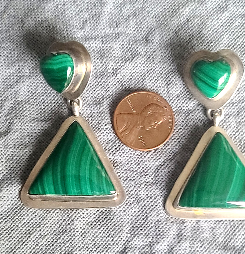 Signed Albert Platera Dangle Malachite Heart & Triangle Sterling Silver Earrings