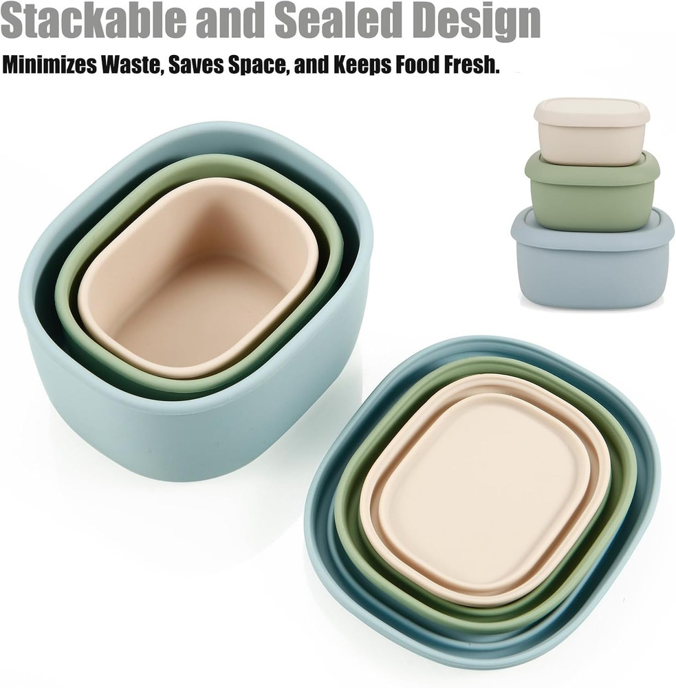 3 Pack Silicone Storage Containers with Lids, Reusable Nesting Lunch Bento Box