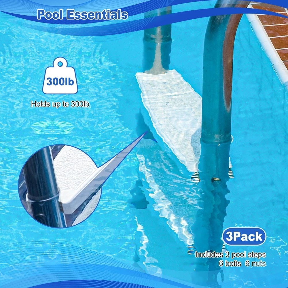 Pool Ladder Steps Replacement, (3-Pack) 18" Universal Heavy-Duty Molded Plastic