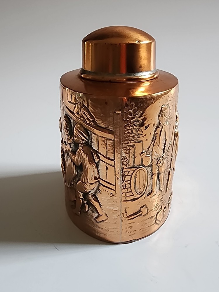 Antique Bright COPPER Tea Caddy Repousse People In Streets Hallmarks On Bottom