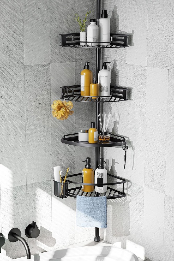 HAMITOR Corner Shower Caddy Tension Pole Quick Installation 4-Tier Rustproof ...