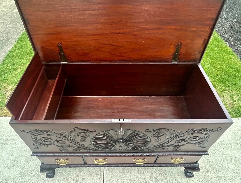 Antique Solid Mahogany Shell Carved Claw Foot Centennial Blanket Chest