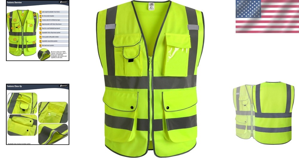 ANSI Compliant Reflective Safety Vest - 9 Functional Pockets for Professionals