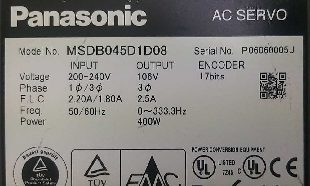 PANASONIC MSDB045D1D08 AC SERVO Driver. USED