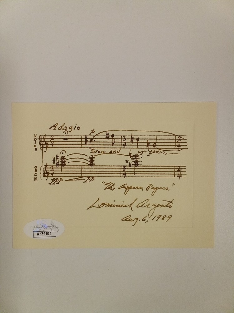 Dominick Argento Inscribed Autograph Musical Quotation Signed JSA -1 #