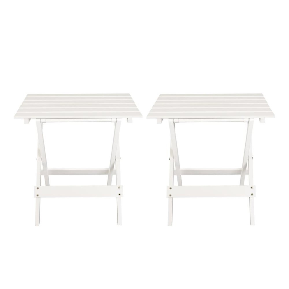 Small Solid Wood Folding Side Table 2-Piece Set White Portable Patio Outdoor