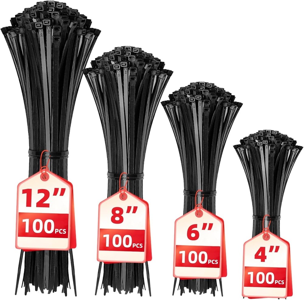 Versatile Black Cable Zip Ties: 400 Pack in Assorted Sizes for All Uses