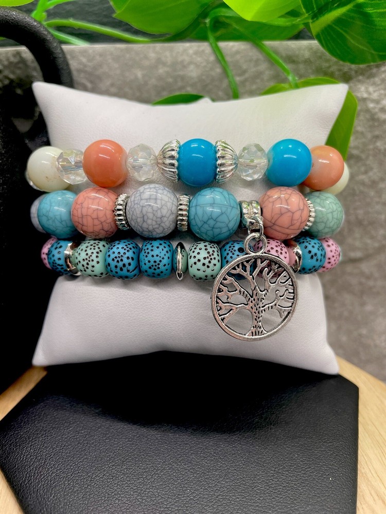 3 PC Handmade Boho  Beaded Stackable 6.5” Plus Stretch Bracelet Set New B1318