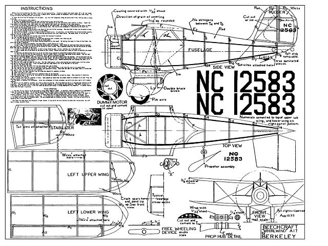 Beechcraft Staggerwing 20" Wingspan RC Model Airplane Printed Plans & Templates