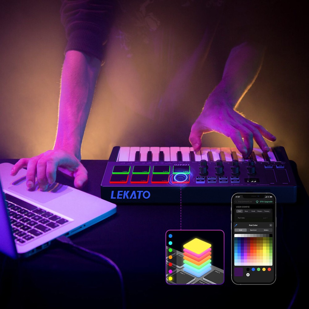 LEKATO USB 25 Key MIDI Keyboard Controller Bluetooth 8 RGB Backlit Trigger Pads