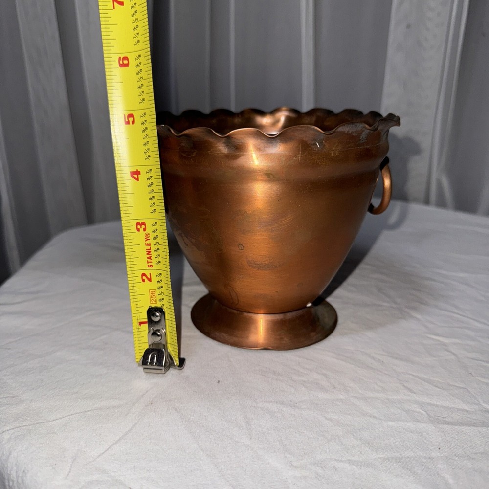 Solid Copper Pot Planter Vase Double Handle Scalloped Made In USA Hand Hammered