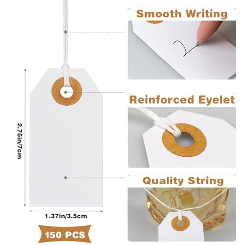 150 Pack White Blank Tags with String Marking Hang Tags Attached Reinforced