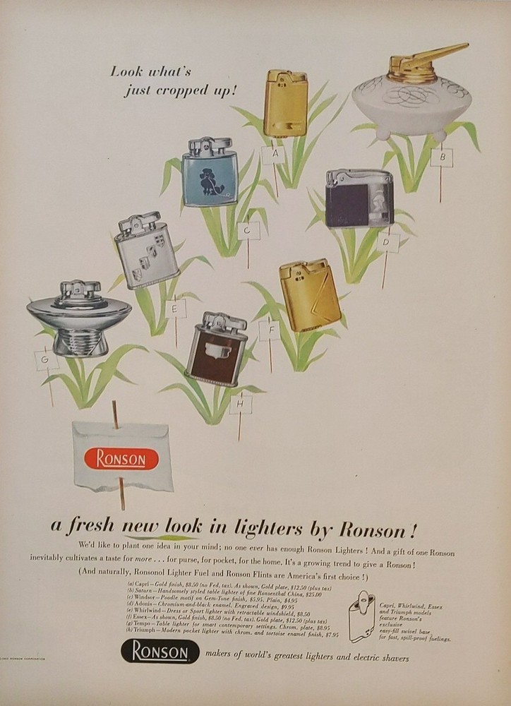 1955 vintage Ronson lighter print ad. Post World War II.