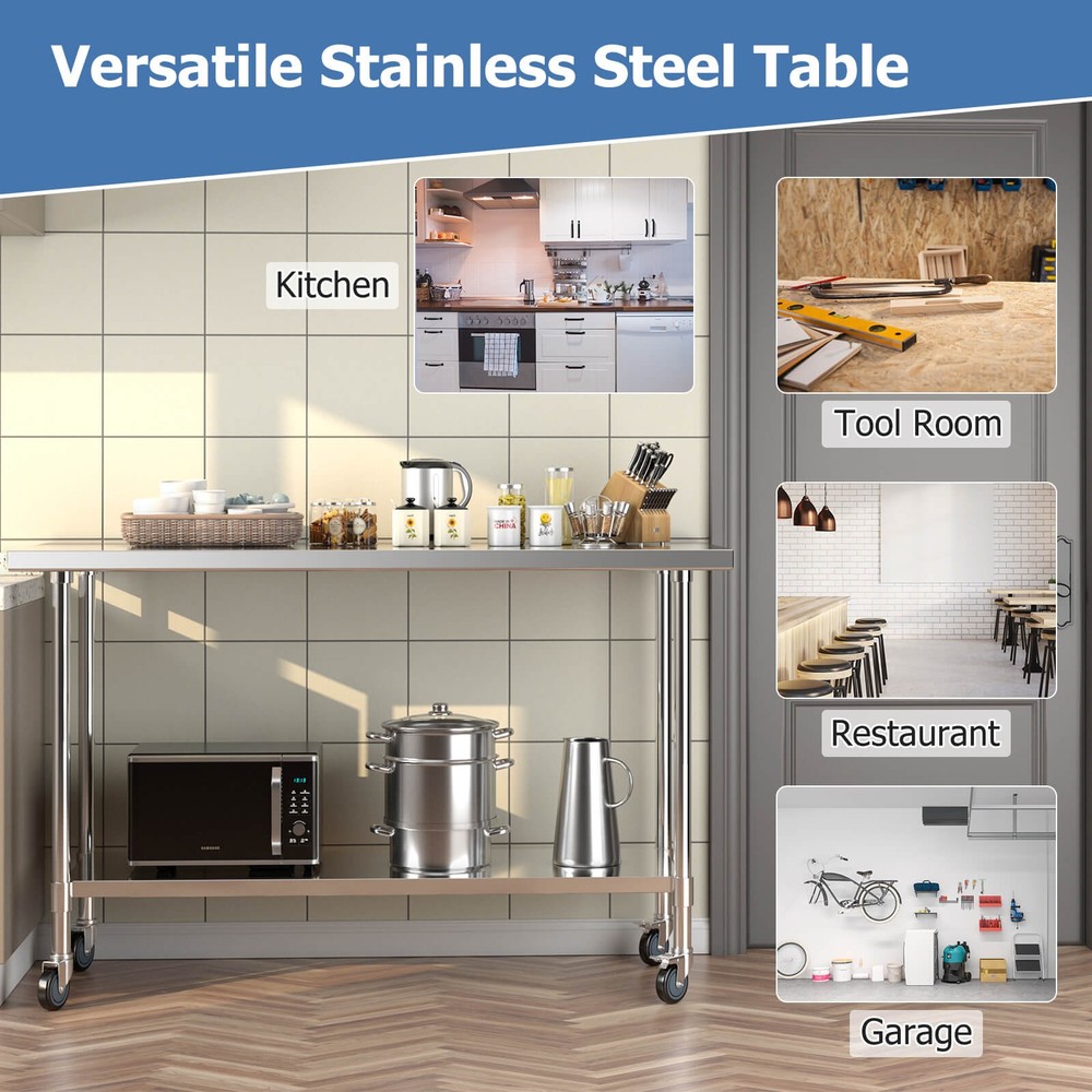 24" x 60 " Stainless Steel Work Table Kitchen Prep Work Table w/wheels Silver
