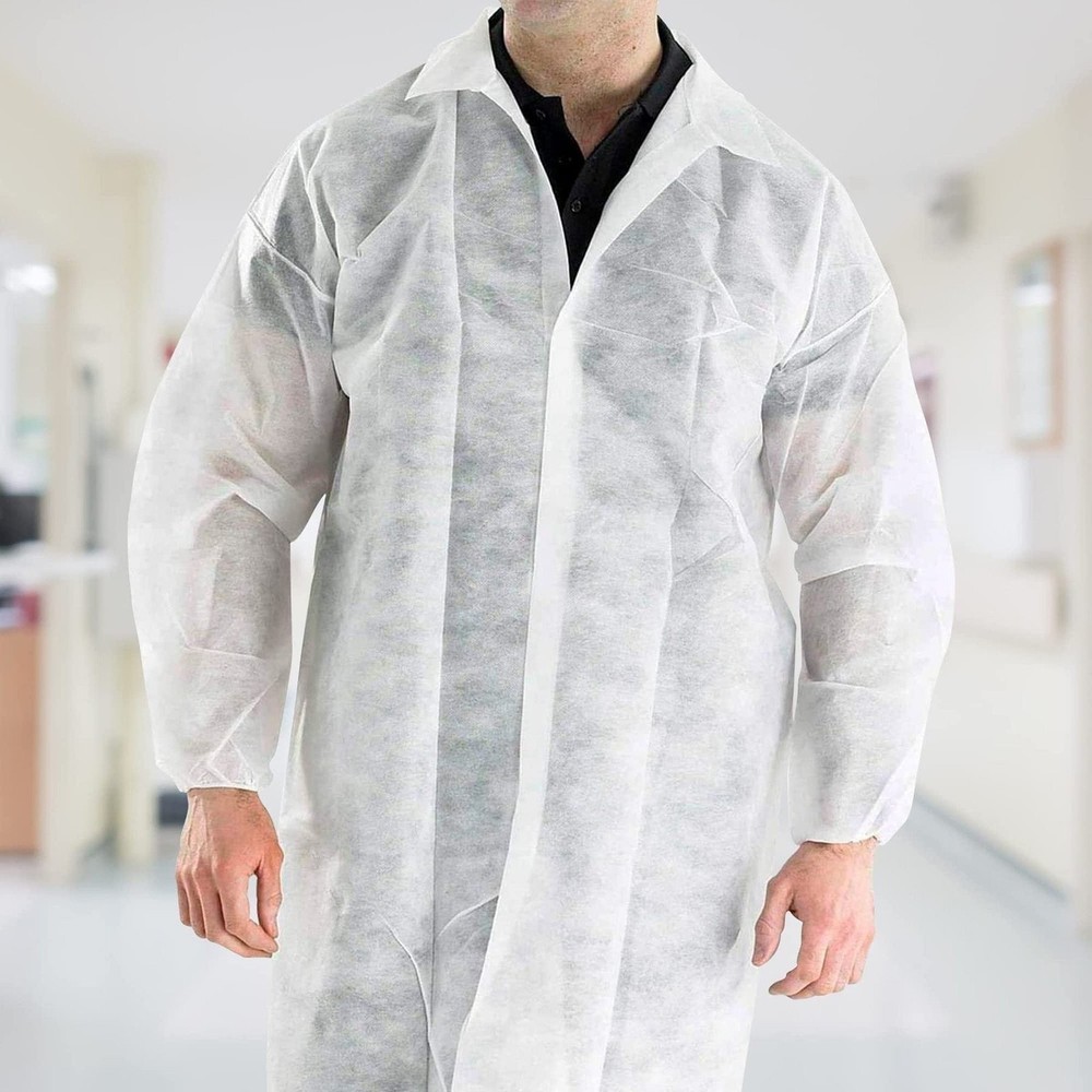 Pack of 30 White Poly Lab Coat with No Pockets, Snap Front, Medium NEW PPE