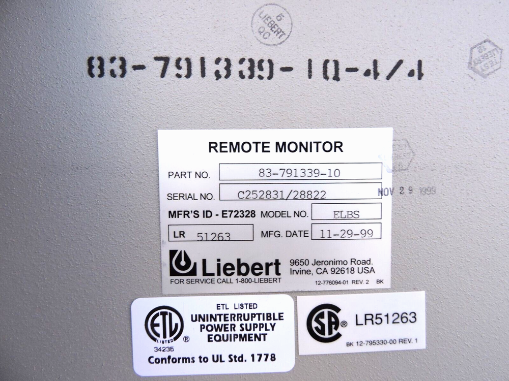 Liebert 610 UPS Extended Load Bus Synchronization Remote Panel ELBS 83-791339-10