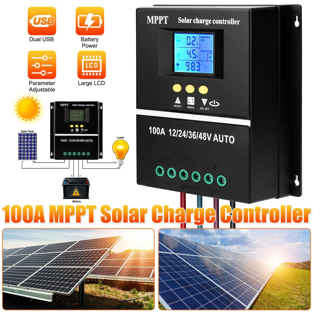 MPPT 12V/24V/36V/48V Solar ChargeController Tools 100A LCD Dual USB