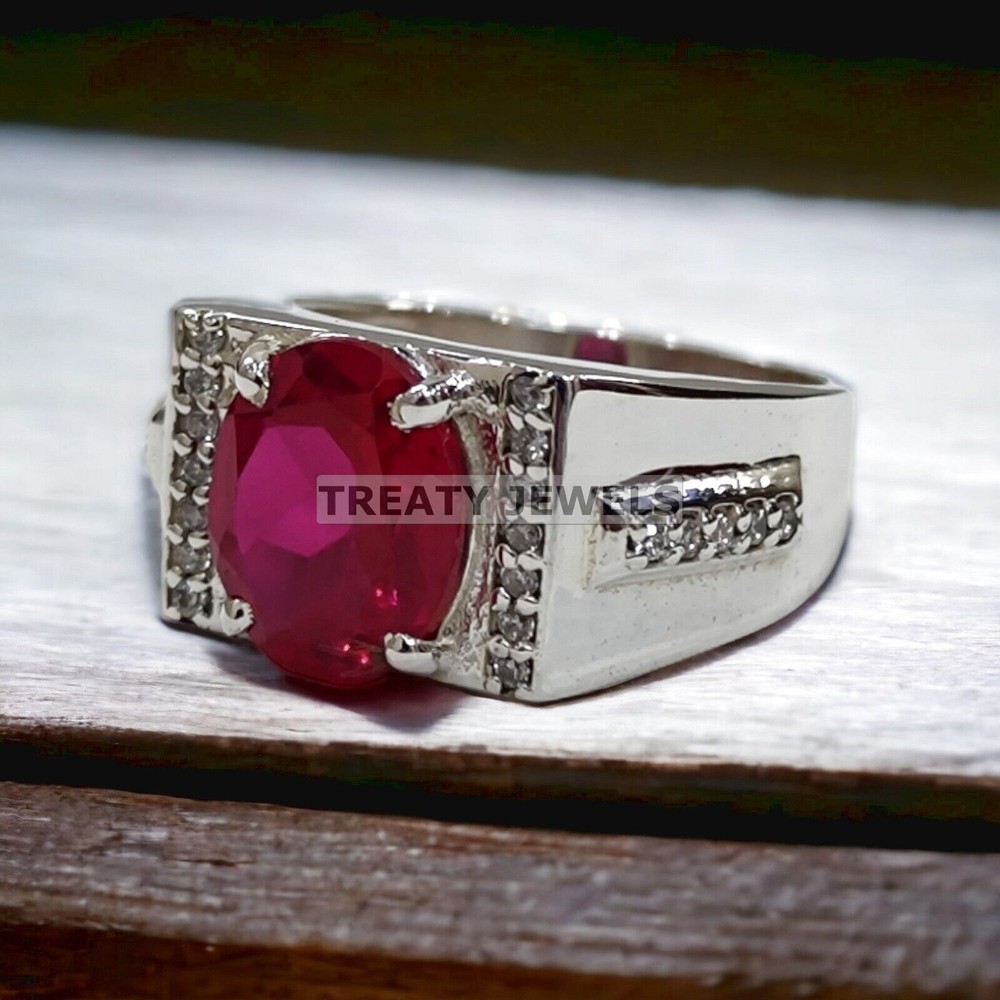 Ruby Oval Cut Gemstone With 14K Solid White Gold Ring For Men's #A495