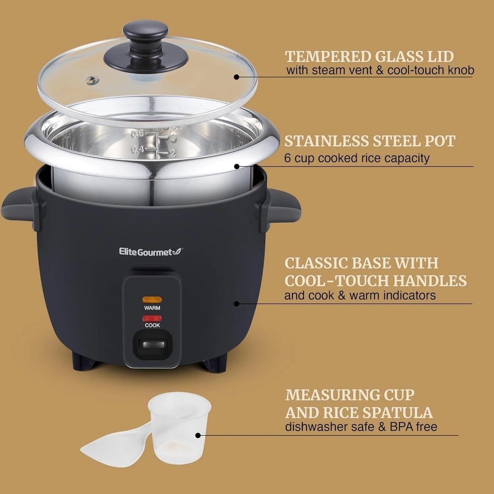 6-Cup Multi-Function Rice Cooker with Durable Stainless Steel Inner Pot - Black