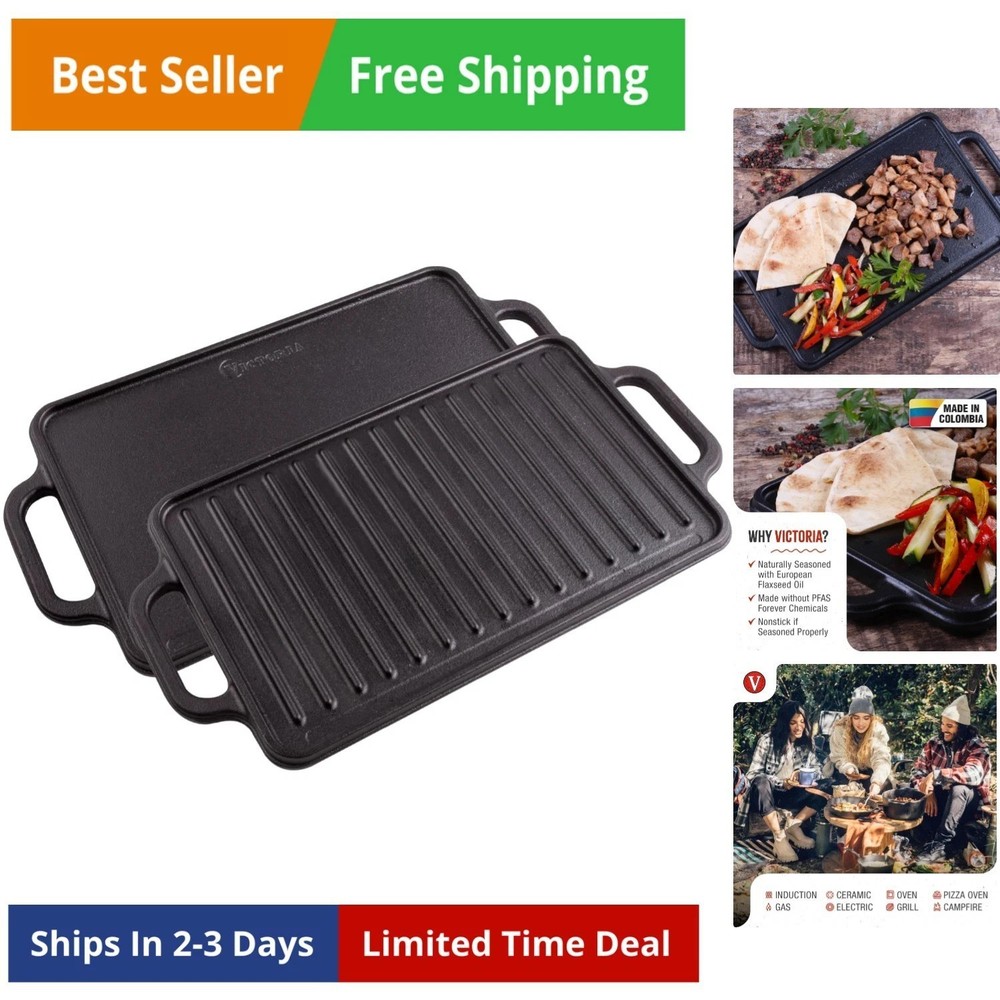 Rectangular Cast Iron Griddle. Double Burner Griddle, Reversible Grill, 13 x ...