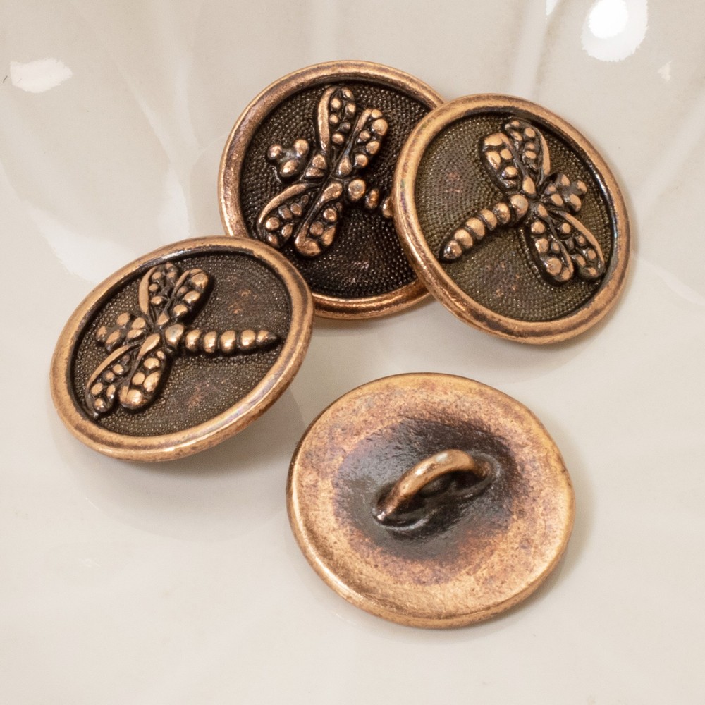 4 Copper Dragonfly Buttons, Loop Shank Back for Leather Cord & Fabric Projects