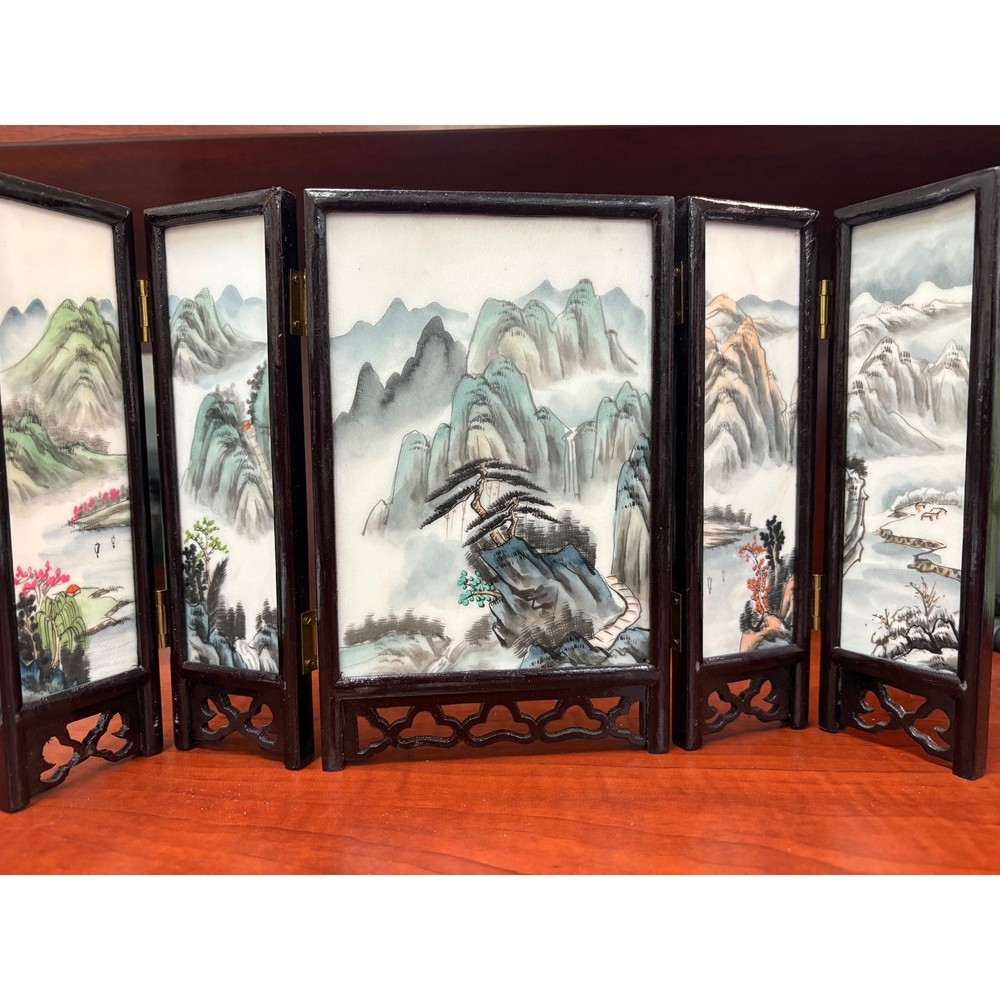 Vintage Chinese Marble Panel Folding Table Screen 5 Panel Wood Frame