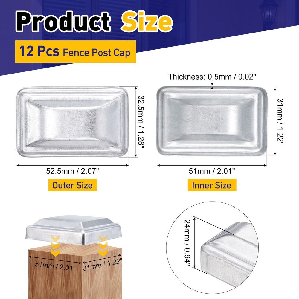 12Pcs Fence Post Cap, Galvanized Deck Post Caps Fit 2" x 1.2" Pipe, Silver