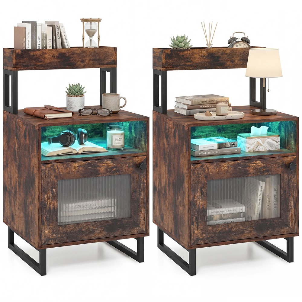 2 Pcs Nightstand w/ LED Lights, Modern End Table with Top Tray,Open Compartment