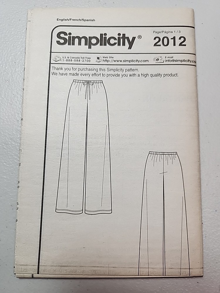 Simplicity 2012 Sew Simple Pull-On Elastic Waist Pants Scrubs Uncut, FF