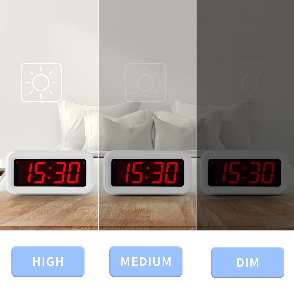 Alarm Clock, Digital Auto Night-Mode, Small, White Case-red Led
