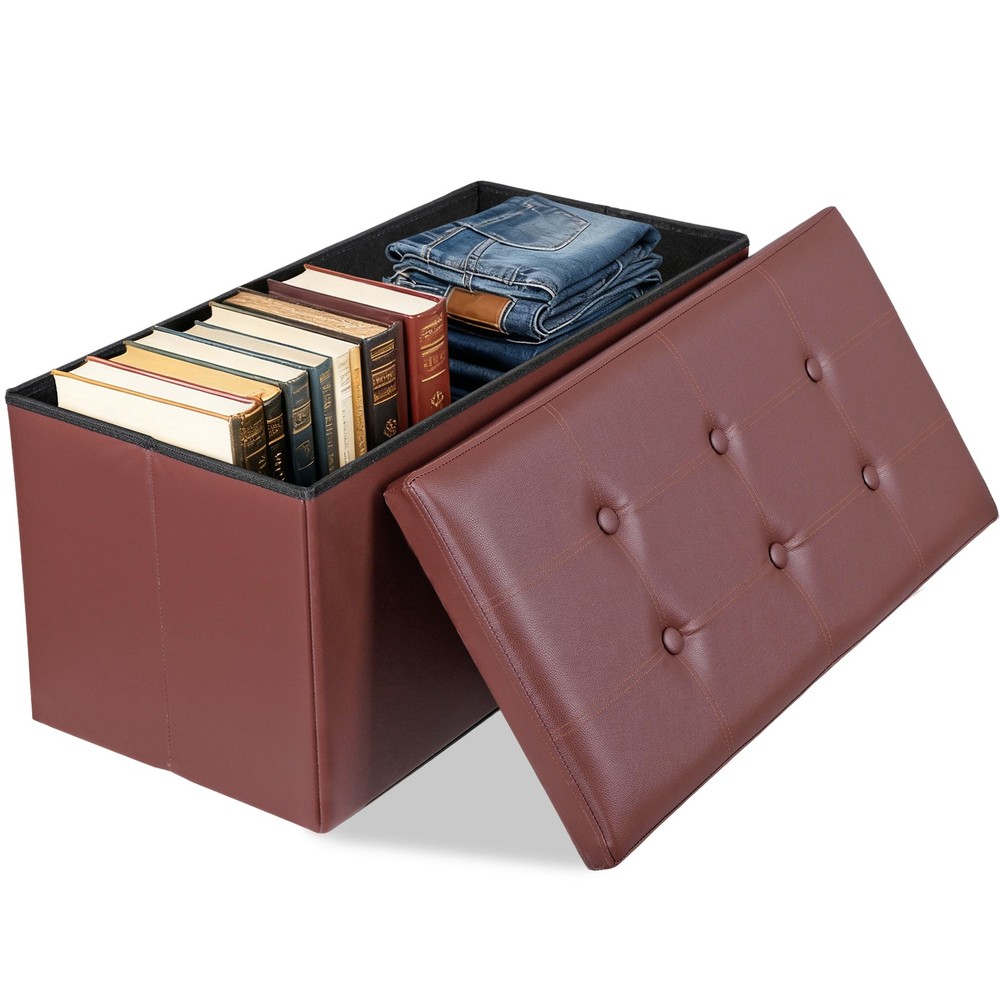 30" Sturdy Ottomans Footstools Soft Leather Brown Storage Footrest Foldable