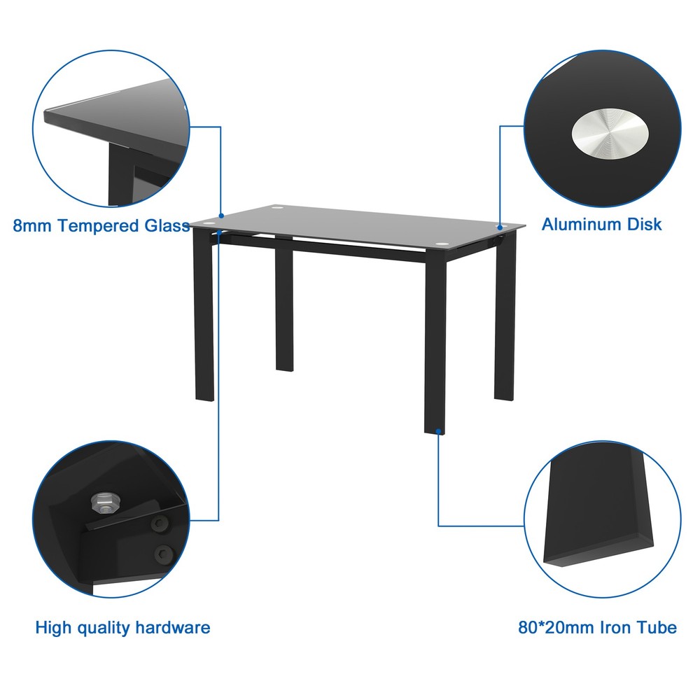Modern multi-functional black glass dining table - black, iron pipe legs