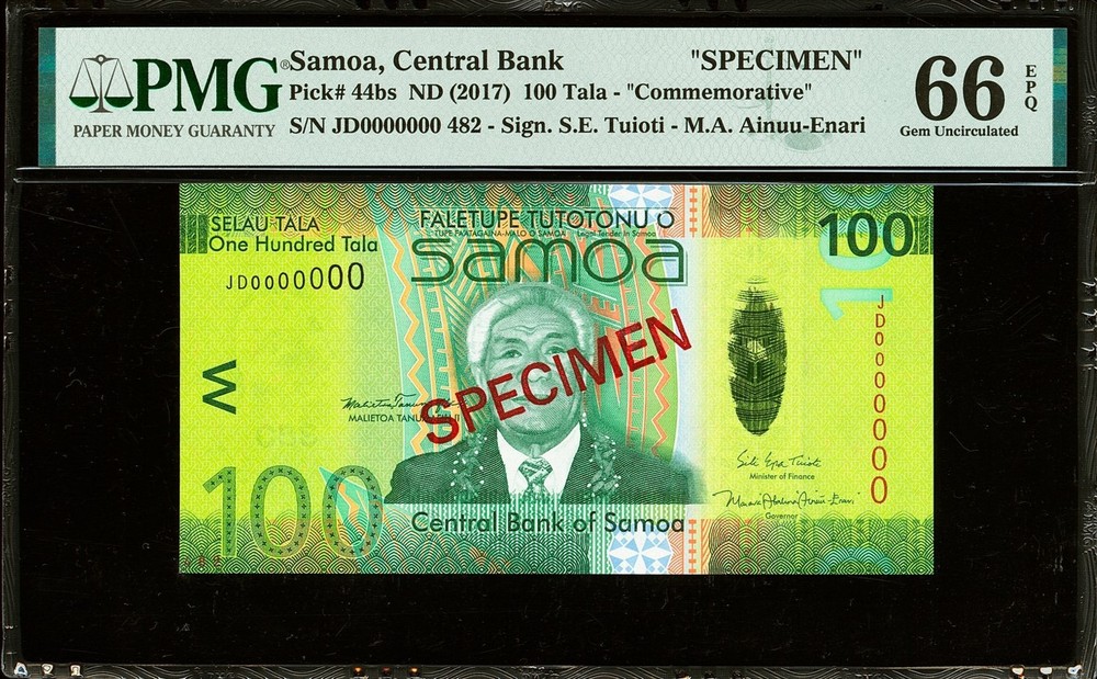 Samoa 100 Tala ND (2017) Commemorative SPECIMEN Pick-44bs GEM UNC PMG 66 EPQ